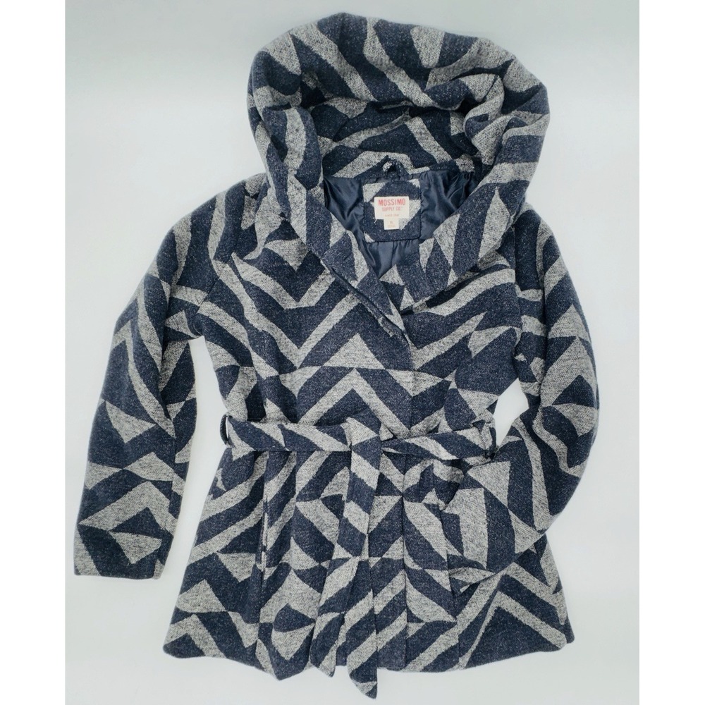 Mossimo Navy Gray Cowl‎ Hooded Tie Belt Chevron Pattern Peacoat Women's Sz XL